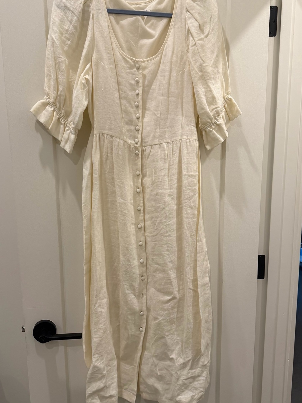Emerson Fry Cream Button-Front Midi Dress with Puff Sleeves